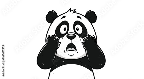 A terrified cartoon panda clutches its face in fear, its large eyes wide with alarm.