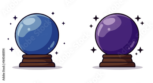 Two Crystal Balls on Wooden Stands, Blue and Purple, Mystical Design