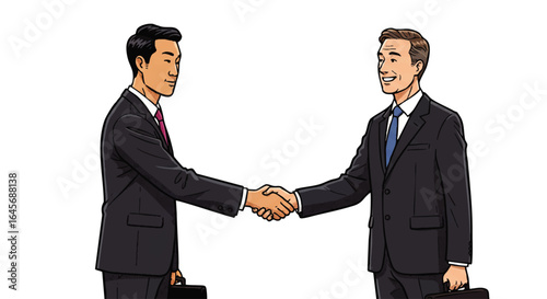 Two diverse businessmen in dark suits shaking hands, a smiling Asian and Caucasian man making a deal.