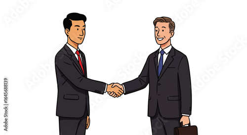 Two diverse businessmen in dark suits shaking hands, one holding a briefcase. Cartoon style illustration.