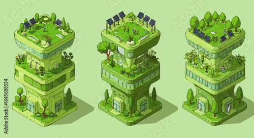 Variations of a futuristic green skyscraper with rooftop gardens and solar panels, isometric view.