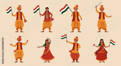 Indian men and women joyfully celebrate, holding national flags, diverse poses.