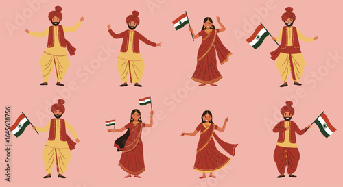 Indian People Celebrating Independence Day with Flags and Traditional Attire