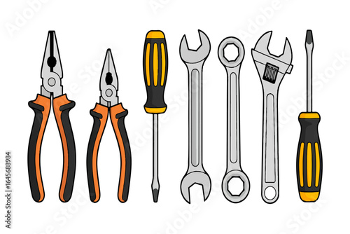 A collection of assorted tools including pliers, screwdrivers, and wrenches, essential for various repair and construction tasks.