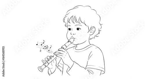 Line art illustration of a young boy playing the recorder 1.