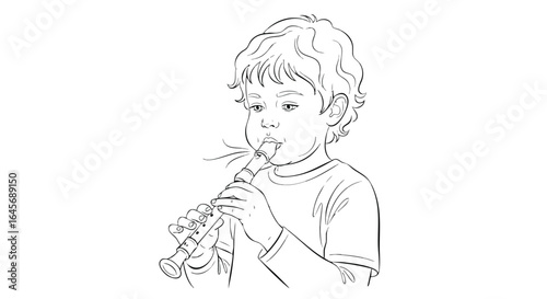 Line art illustration of a young boy playing the recorder.