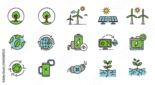 Vibrant Hand-Drawn Environmental Icons Set: Renewable Energy, Sustainability, and Pollution Concepts