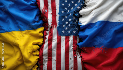 Conflict and diplomacy ukraine usa and russia flags symbolic representation contemporary art close-up political tensions