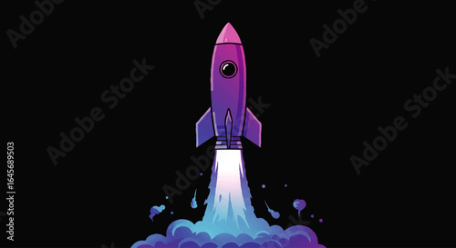 Vibrant purple and blue cartoon rocket launching upwards with stylized exhaust smoke.