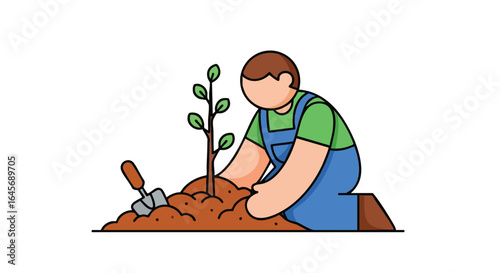 Man planting a young tree sapling in the garden.