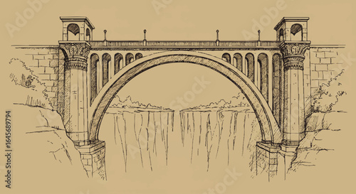 Vintage ink drawing of a majestic stone arch bridge with decorative towers and columns.