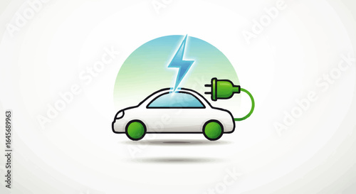 White electric car with green wheels and plug, charging with a blue lightning bolt symbol.