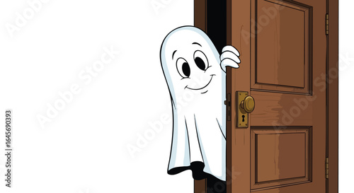 A friendly ghost peeks out from a wooden door.