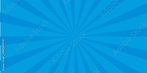 Comic background. Pop art texture. Starburst cartoon style. Anime design with explosion effect for print. Fun dot pattern. Blue backdrop with halftone gradient.
