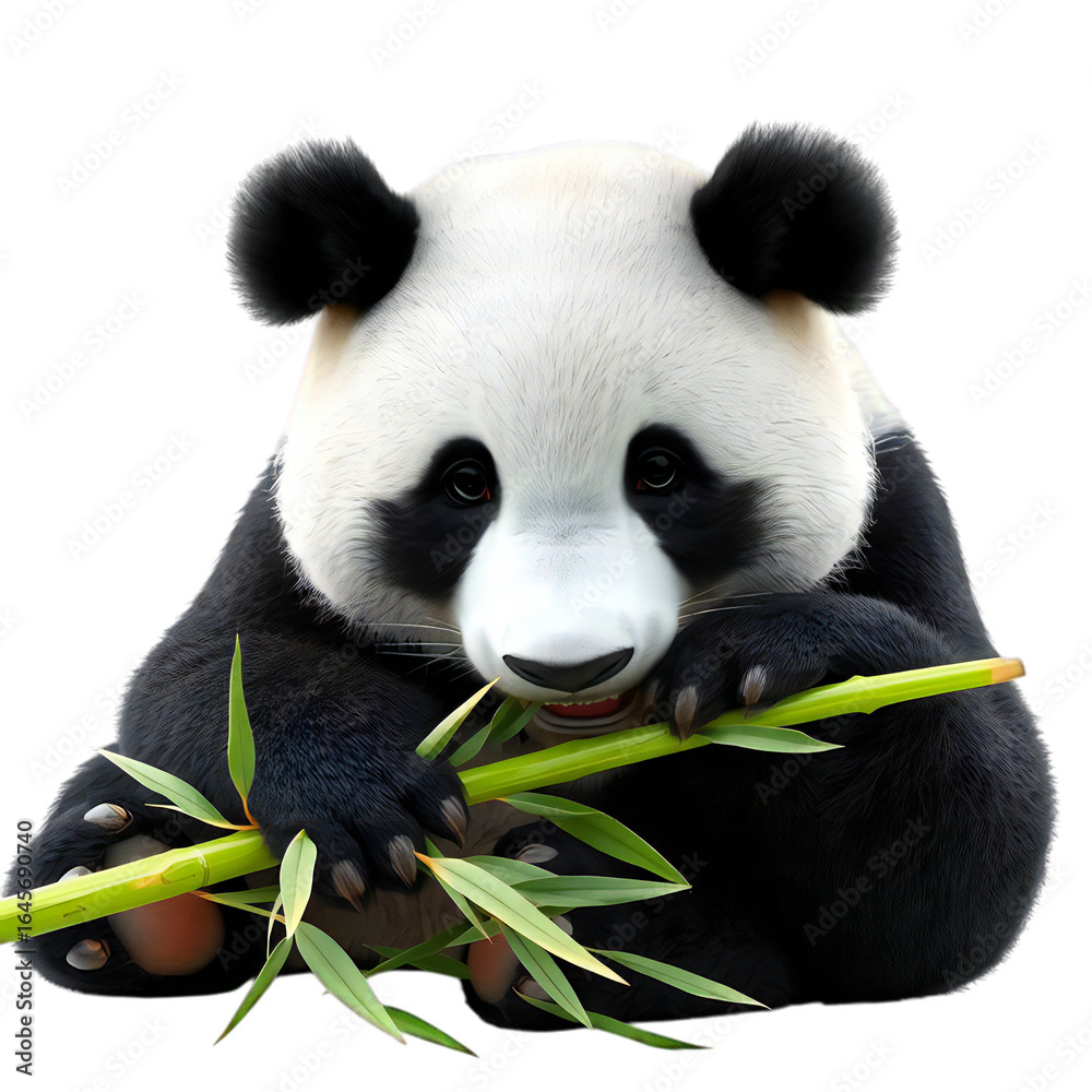 Fototapeta premium A black and white giant panda bear eating bamboo in the wild
