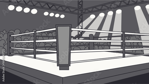 Empty Boxing Ring with Advertisement Space Grayscale Illustration.