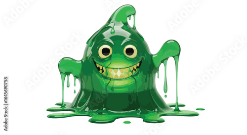 A cartoonish green slime monster with sharp teeth smiles menacingly, dripping.
