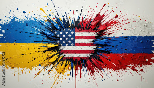 Conflict and unity ukraine usa and russia's flags in abstract art digital environment vibrant concept
