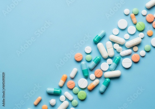 Colorful pills and capsules arranged on a vibrant blue backdrop