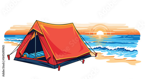 Red camping tent on a sandy beach overlooking the ocean sunset.