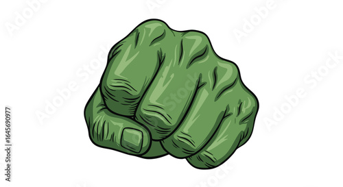 A cartoon illustration depicts a clenched green fist, isolated on a white background.