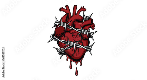 A graphic illustration of a human heart pierced and bound by barbed wire, with blood dripping.