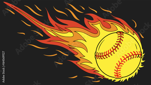Fiery Softball Design Yellow Ball in Blazing Flames.