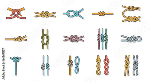 Set of colorful vector illustrations of various rope knots.