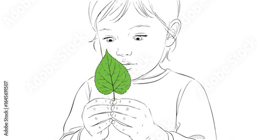Sketch of a curious child holding a single green leaf.