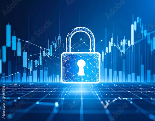 Digital padlock on a grid background with stock market data