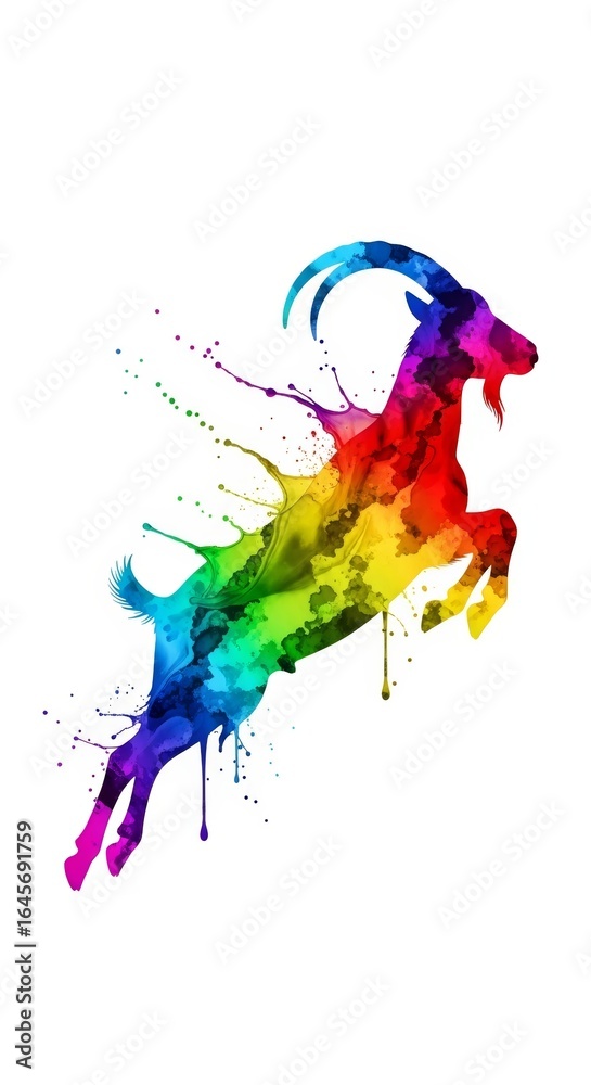 Obraz premium Splashing multicolored rainbow paint shaped like a goat on a solid white background