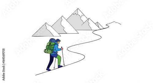 Solo trekker with backpack hiking on a path towards snowy mountain peaks.