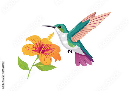 Vibrant hummingbird hovering near a blooming flower