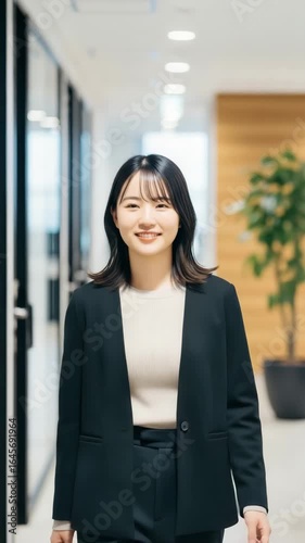 オフィスを歩きながら微笑む若い日本人女性