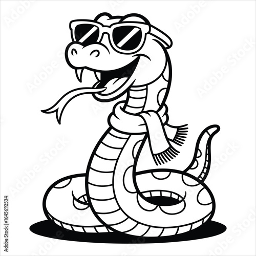 Cool Cartoon Snake with Sunglasses and Scarf Black and White Vector Illustration