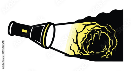 Vector illustration of a flashlight illuminating a dark cave.