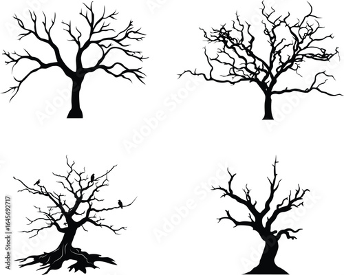 black tree set, leafless tree set, dead tree set, mono color trees, 2d vector illustration