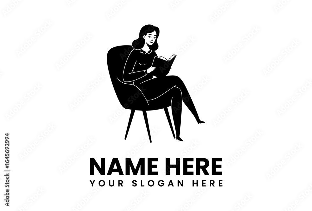 Fototapeta premium Woman reading a book while seated in a modern armchair depicted in a minimalist black and white style.