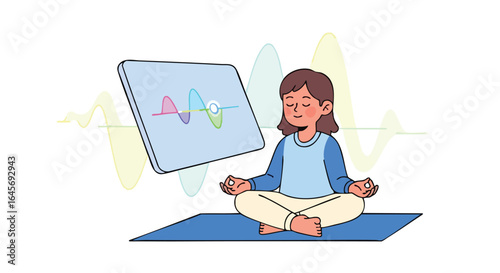 Woman meditating with brainwave biofeedback technology.