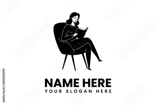 Woman reading a book while seated in a modern armchair depicted in a minimalist black and white style.