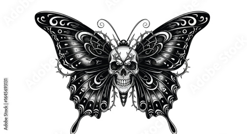 Ornate black and white butterfly with a skull, intricate design.