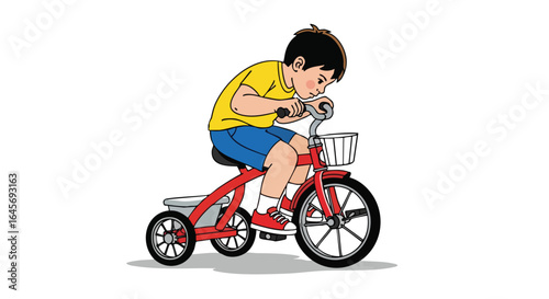 Young Asian boy happily riding a red tricycle.