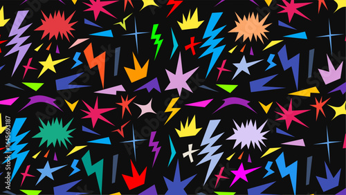 Colorful lightning bolts and starburst pattern vector on black background, perfect for rock and roll posters, retro fashion, and bold graphic prints