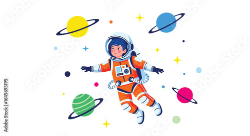 Young astronaut boy floating among colorful planets and stars.