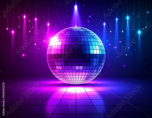 Disco ball under bright lights on a tiled stage