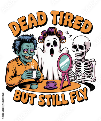 Halloween party vibes dead tired characters enjoying coffee together spooky setting colorful illustration fun and whimsical atmosphere