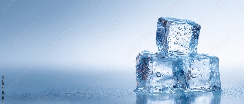 Obraz premium The Ice Cubes Stack on a Frosty Reflective Surface Under Blue Light
