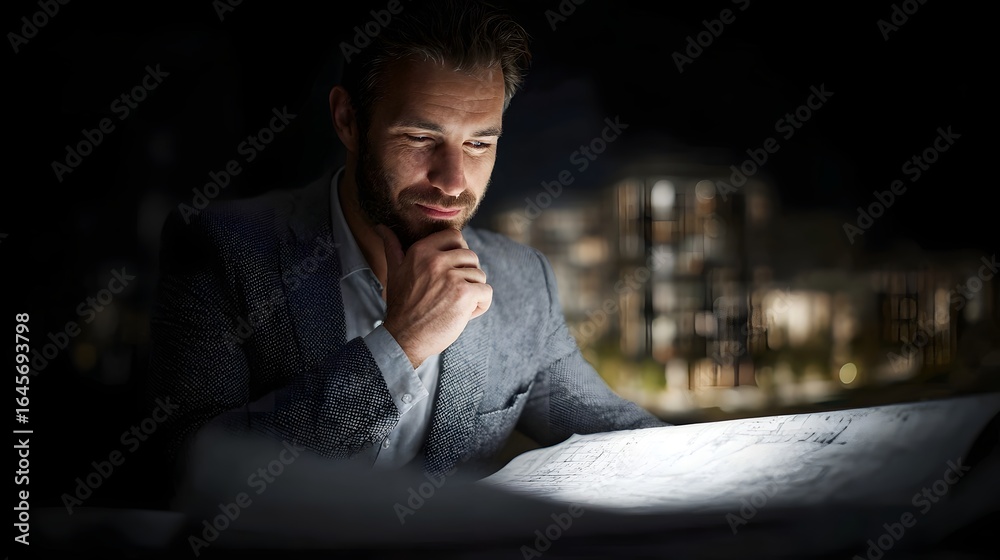 Obraz premium Businessman intensely analyzing real estate project data on laptop
