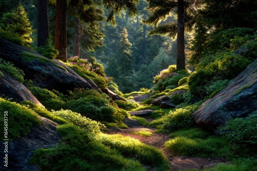 Sun-Dappled Forest Path Through Mossy Rocks and Lush Greenery