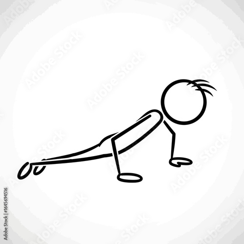 A simple black and white stick figure doodle illustrates a man performing a push-up, symbolizing fitness and exercise on a clean white background.